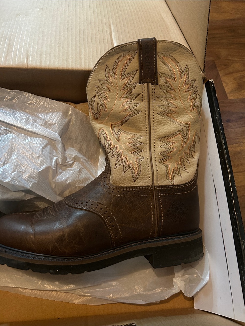 Justin Boots Brown and Cream Western Work Boot Men’s